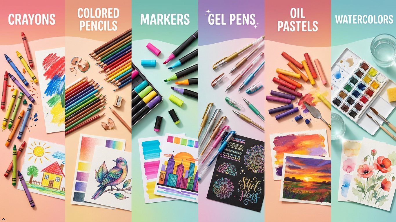 Crayons, colored pencils, markers, gel pens, oil pastels and watercolors by Soucolor