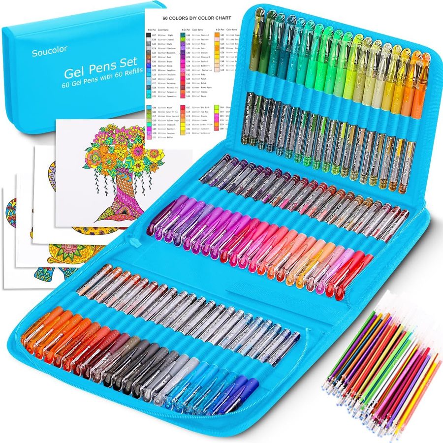 Soucolor 120 Glitter Gel Pens Set with 60 Refills, Blue Case — view 2