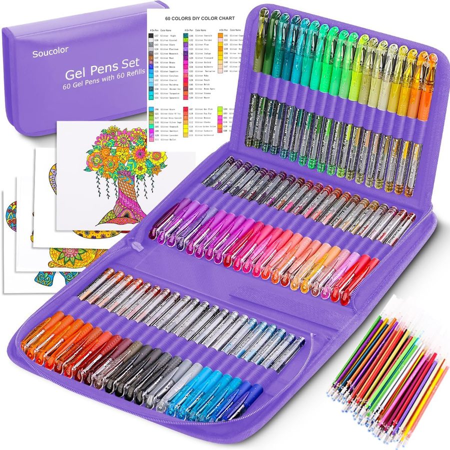 Soucolor 120 Neon Glitter Gel Pen Set, 60 Refills, Violet Case — view 2