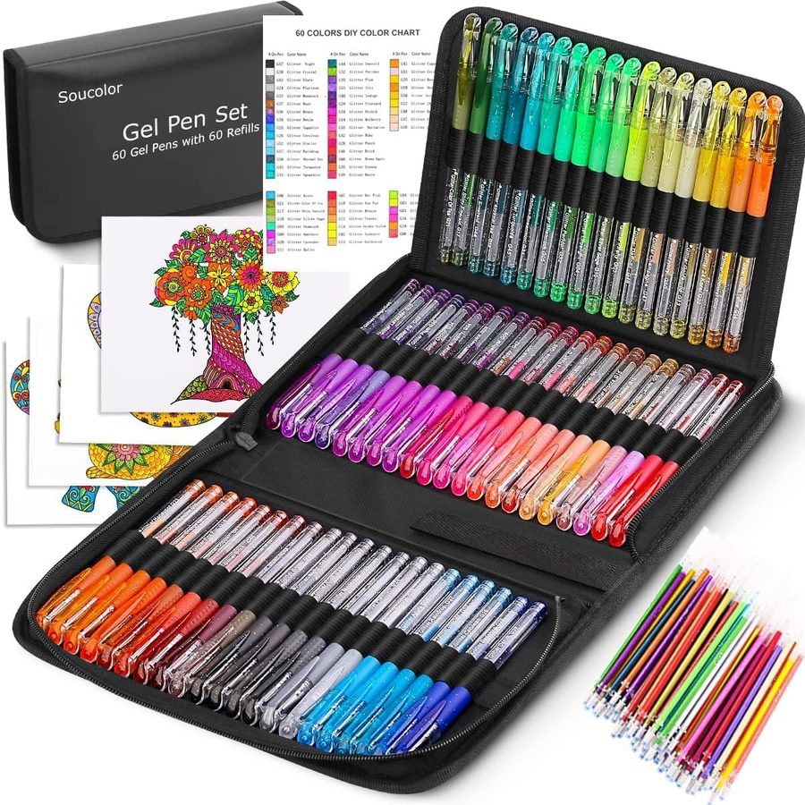 Soucolor 120-Pack Glitter Gel Pens with Refills, Black Case — view 2