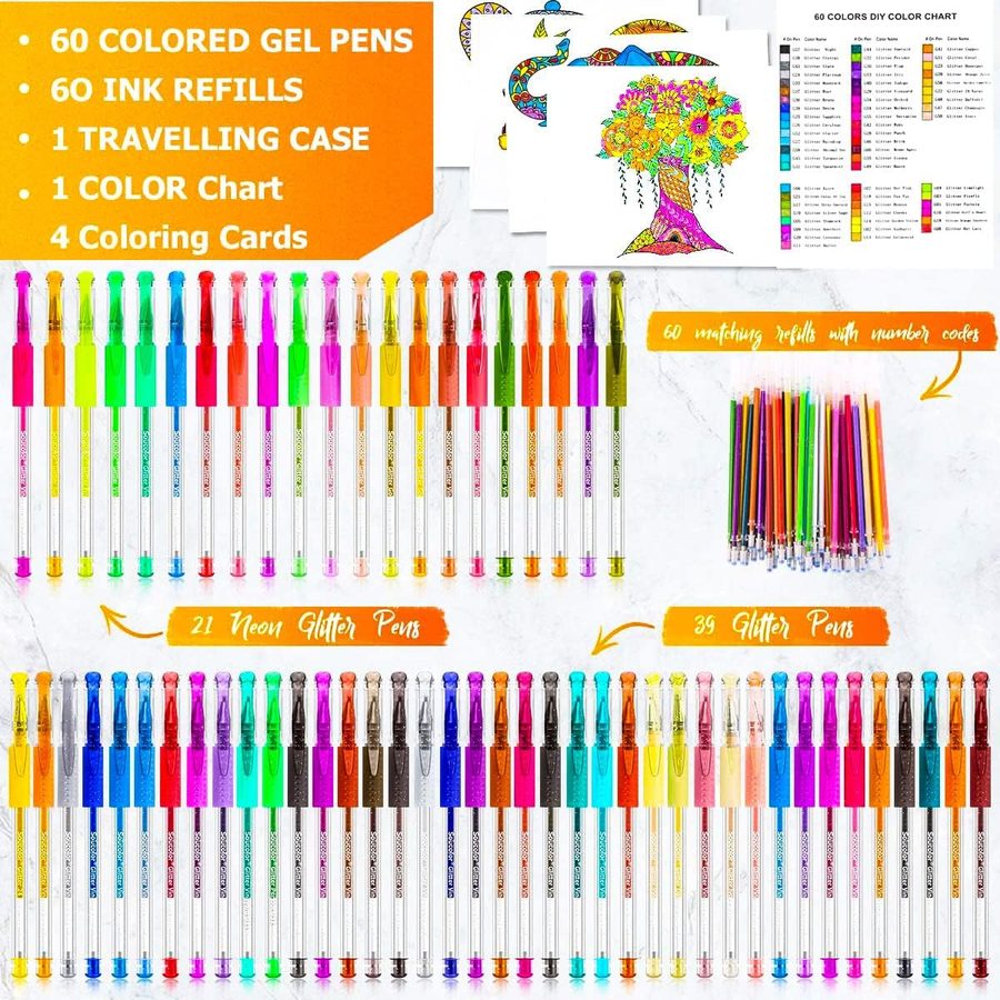 Soucolor 120-Pack Glitter Gel Pens with Refills, Black Case — view 3