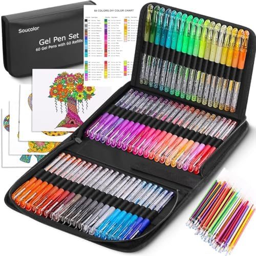 Soucolor 120-Pack Glitter Gel Pens with Refills, Black Case