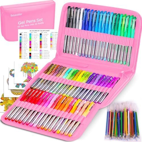 Soucolor 120-Piece Gel Pens, Metallic Glitter Pastel, Pink Case