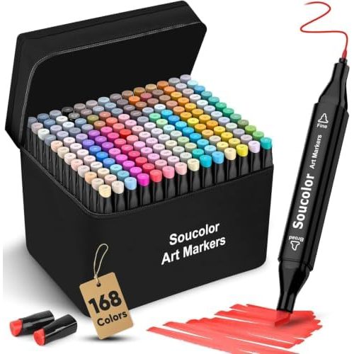 Soucolor 168-Color Dual Tip Alcohol Markers with Black Case