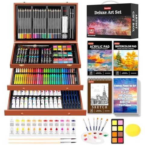 Soucolor 192-Piece Deluxe Art Set, Yellow-Brown Wooden Case