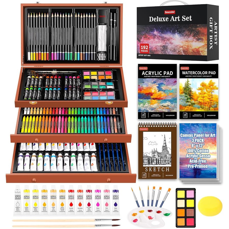 Soucolor 192-Piece Deluxe Art Set, Yellow-Brown Wooden Case — view 2