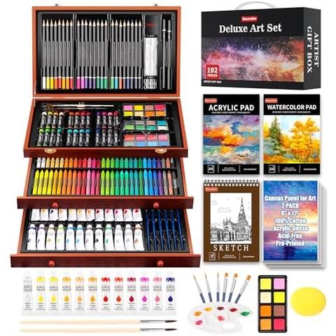 Soucolor 192-Piece Deluxe Art Set, Brown Wooden Case with Drawers