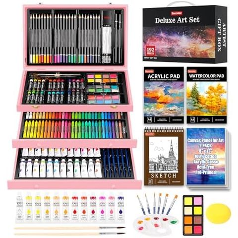 Soucolor 192-Piece Deluxe Art Set, Wooden Drawer Case, Pink