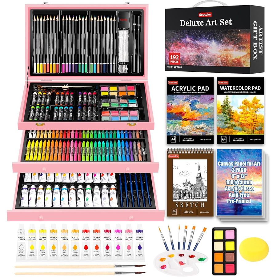 Soucolor 192-Piece Deluxe Art Set, Wooden Drawer Case, Pink — view 2