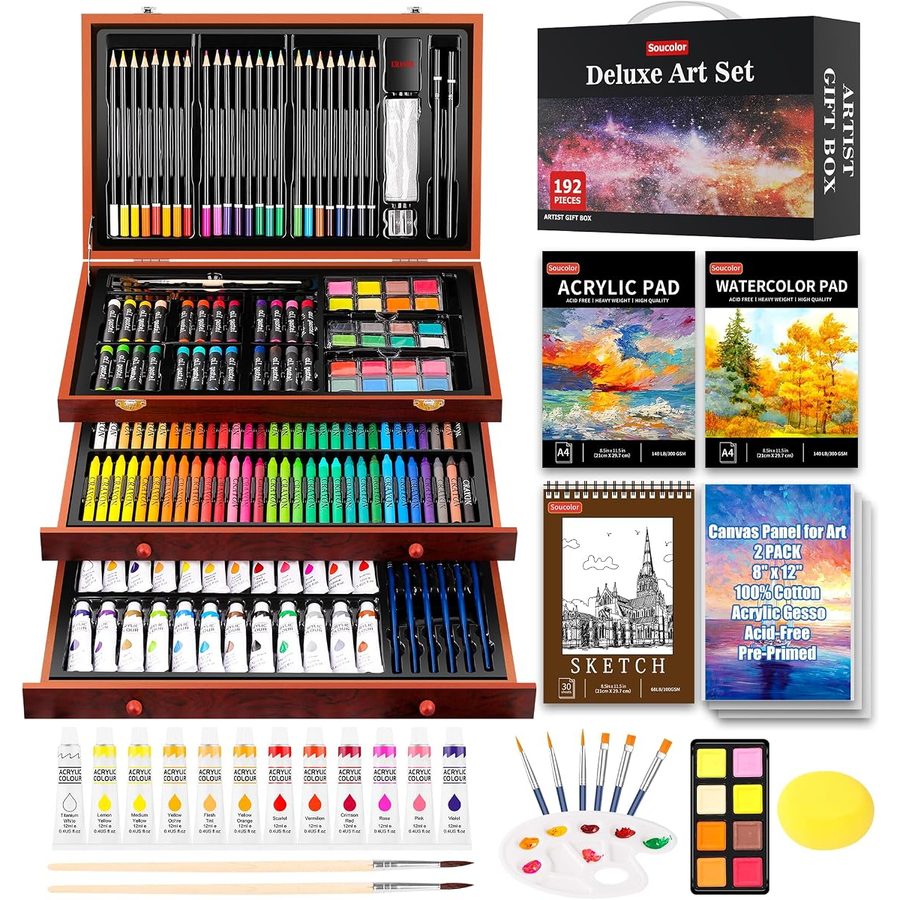 Soucolor 192-Piece Deluxe Art Set, Brown Wooden Case with Drawers — view 2