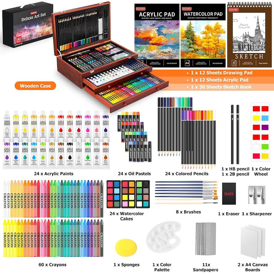Soucolor 192-Piece Deluxe Art Set, Brown Wooden Case with Drawers — view 3
