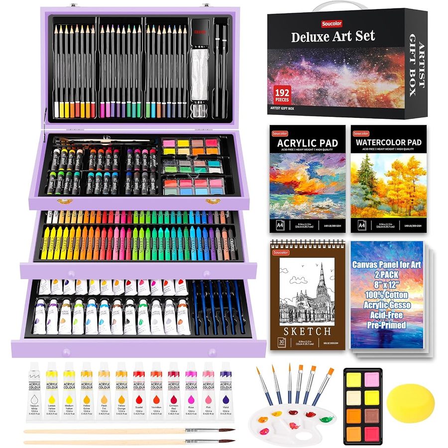 Soucolor 192-Piece Deluxe Art Set, Wooden Drawer Case, Purple — view 2