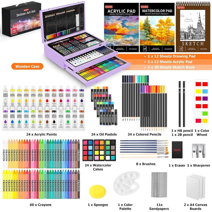 Soucolor 192-Piece Deluxe Art Set, Wooden Drawer Case, Purple — view 3