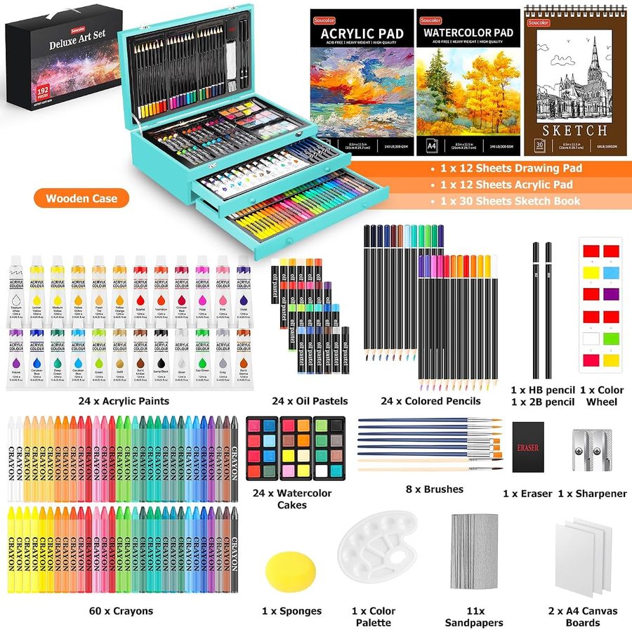 Soucolor 192-Piece Deluxe Art Set, Wooden Drawer Case, Teal — view 3