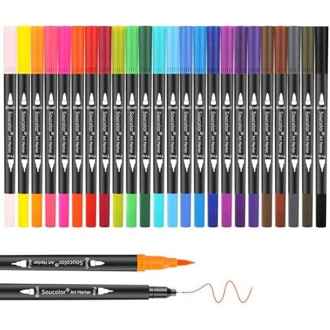 Soucolor 24 Dual Tip Brush Markers, 0.3 mm Fine Tip, with Case