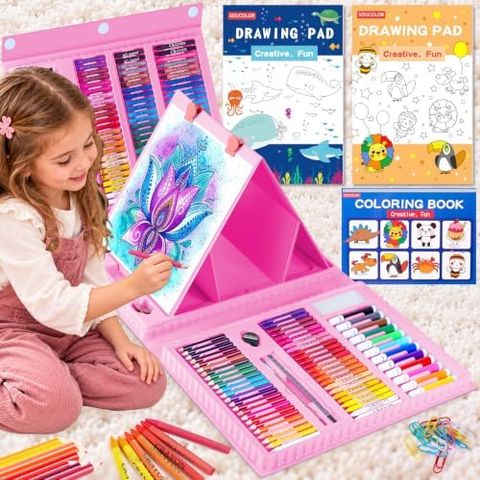 Soucolor 283-Piece Kids Art Set with Trifold Easel Case, Pink