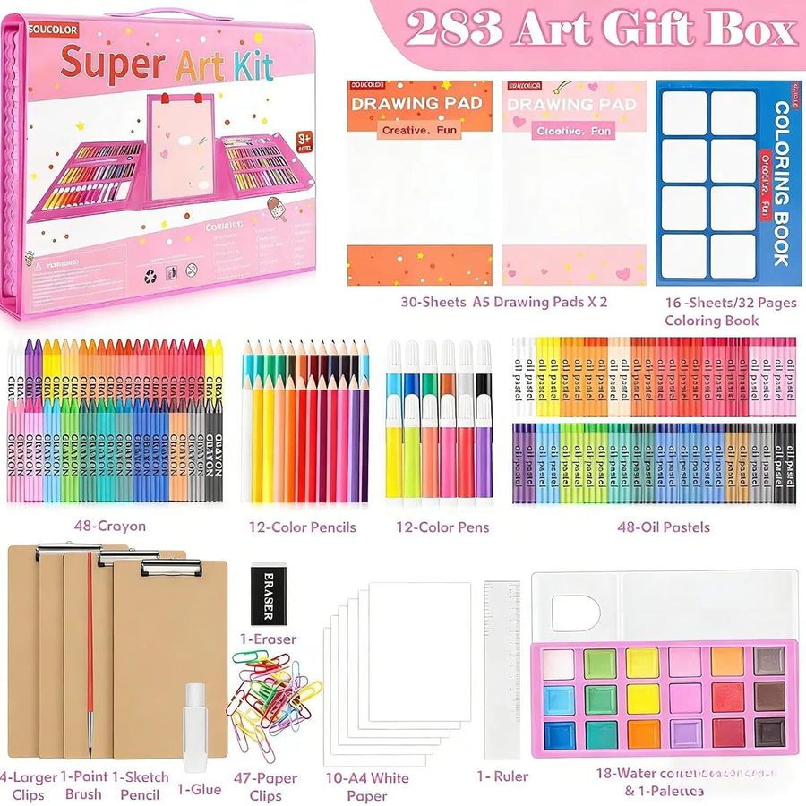 Soucolor 283-Piece Kids Art Set with Trifold Easel Case, Pink — view 2