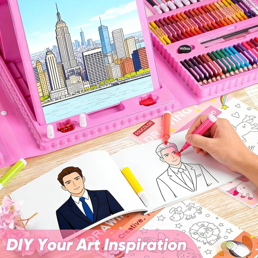 Soucolor 283-Piece Kids Art Set with Trifold Easel Case, Pink — view 5