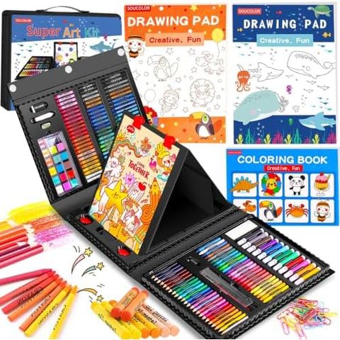 Soucolor 283-Piece Kids Art Set with Trifold Easel Case, Black