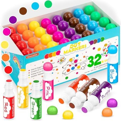 Soucolor 32-Pack Washable Dot Markers for Kids, 8 Colors