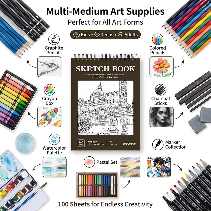 Soucolor 72 Colored Pencils with 9x12 in Black Sketchbook Set — view 2