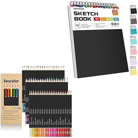 Soucolor 72 Colored Pencils with 9x12 in Black Sketchbook Set