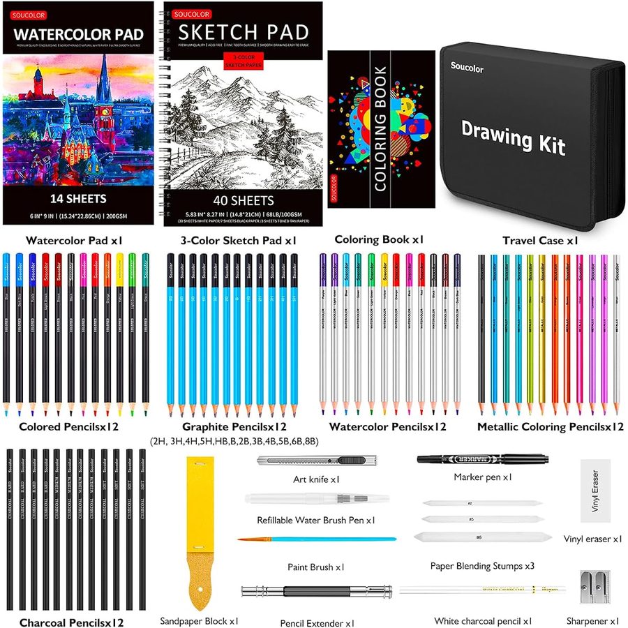 Soucolor 76-Piece Drawing Kit with 3-Color Sketch Book — view 3