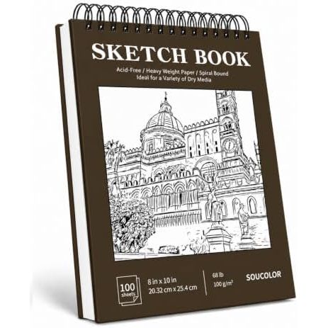 Soucolor 8x10 in Spiral Sketch Book, 100 Sheets, Brown Cover