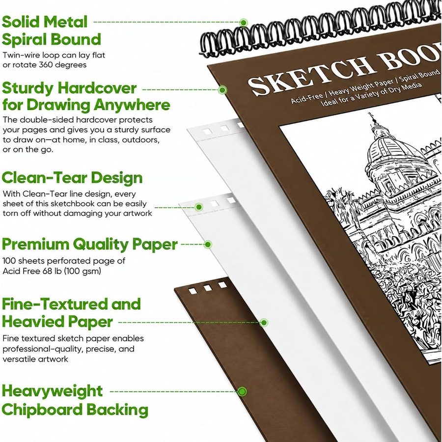 Soucolor 8x10 in Spiral Sketch Book, 100 Sheets, Brown Cover — view 4