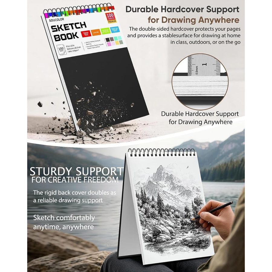 Soucolor 9x12 in Black Hardcover Sketch Book, 100 Sheets — view 2