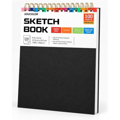 Soucolor 9x12 in Black Hardcover Sketch Book, 100 Sheets