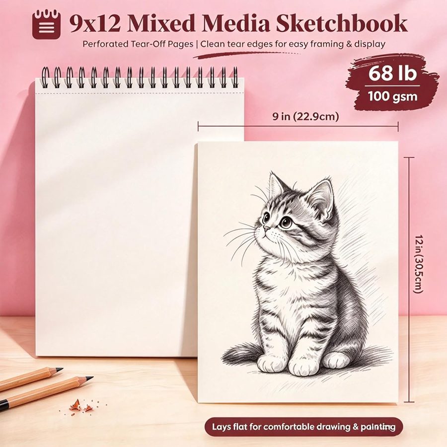 Soucolor 9x12 in Cute Pink Spiral Sketchbook, 100 Sheets — view 3