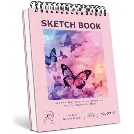 Soucolor 9x12 in Cute Pink Spiral Sketchbook, 100 Sheets