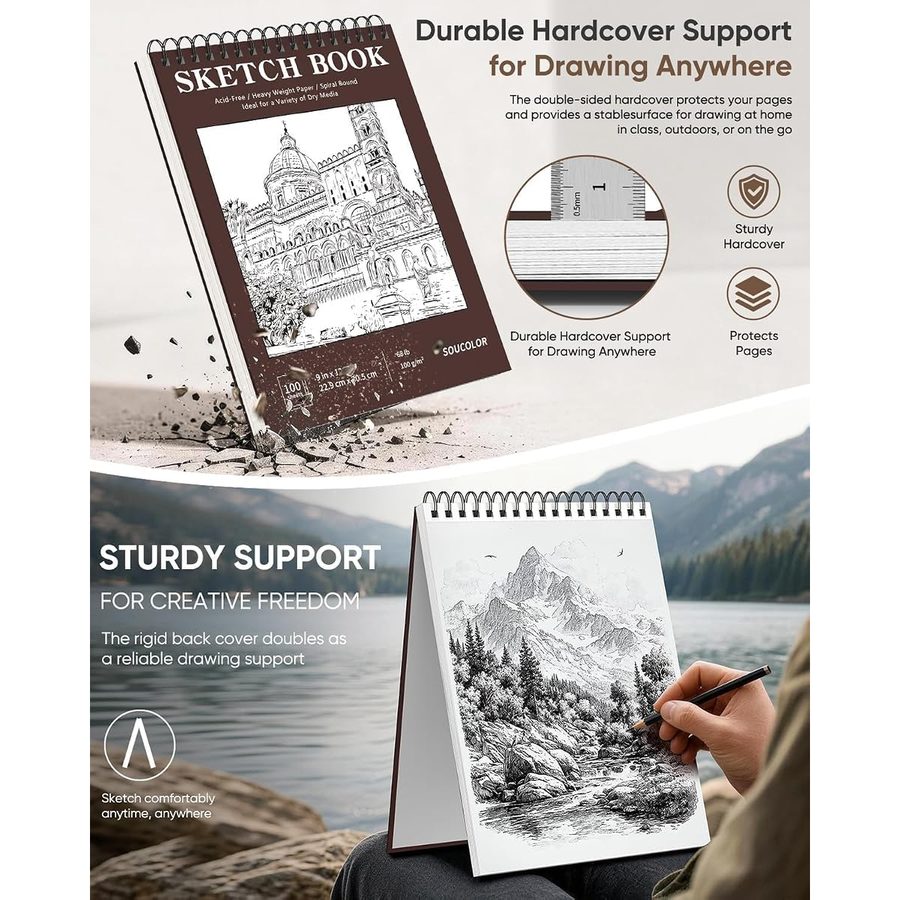Soucolor 9x12 in Hardcover Sketchbook, 100 Sheets, Brown — view 3
