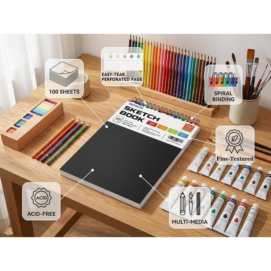 Soucolor 9x12 in Kids Sketch Book 2-Pack, 100 Sheets Each, Black — view 2