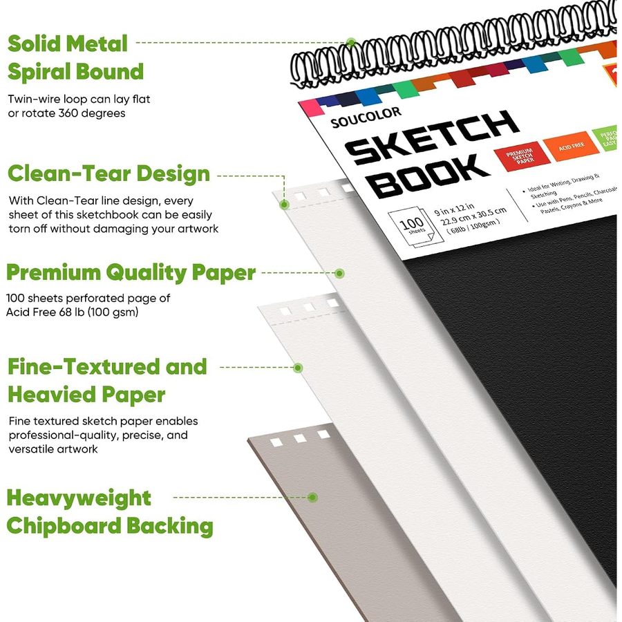 Soucolor 9x12 in Kids Sketch Book 2-Pack, 100 Sheets Each, Black — view 5