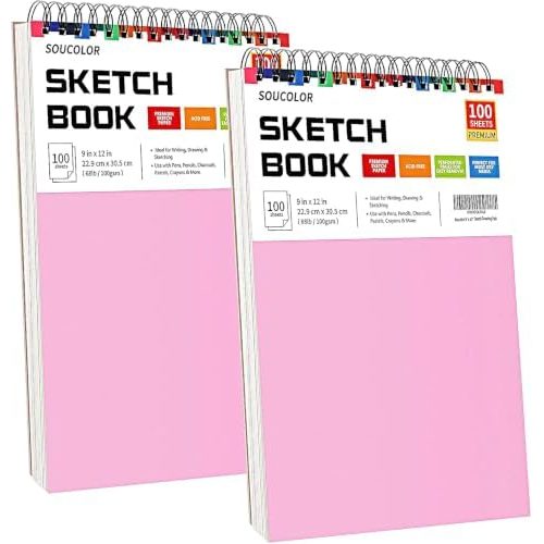Soucolor 9x12 in Pink Sketchbook 2-Pack, 200 Sheets Total