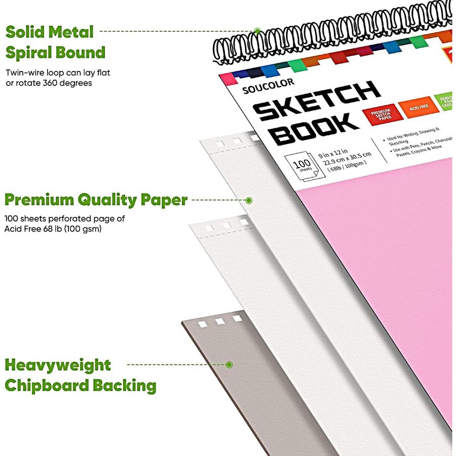 Soucolor 9x12 in Pink Top-Spiral Sketch Book, 100 Sheets — view 3