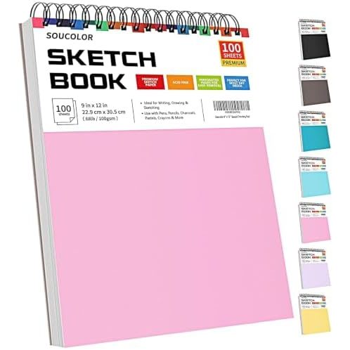 Soucolor 9x12 in Pink Top-Spiral Sketch Book, 100 Sheets