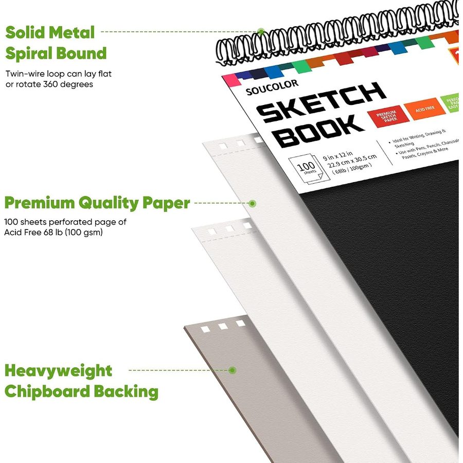 Soucolor 9x12 in Sketch Book 3-Pack, 300 Sheets Total, Black — view 2