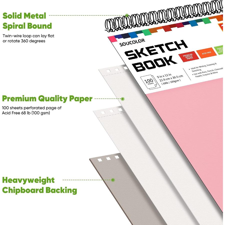 Soucolor 9x12 in Sketch Book 2-Pack, Blue and Pink, 200 Sheets — view 3