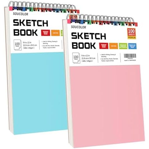 Soucolor 9x12 in Sketch Book 2-Pack, Blue and Pink, 200 Sheets