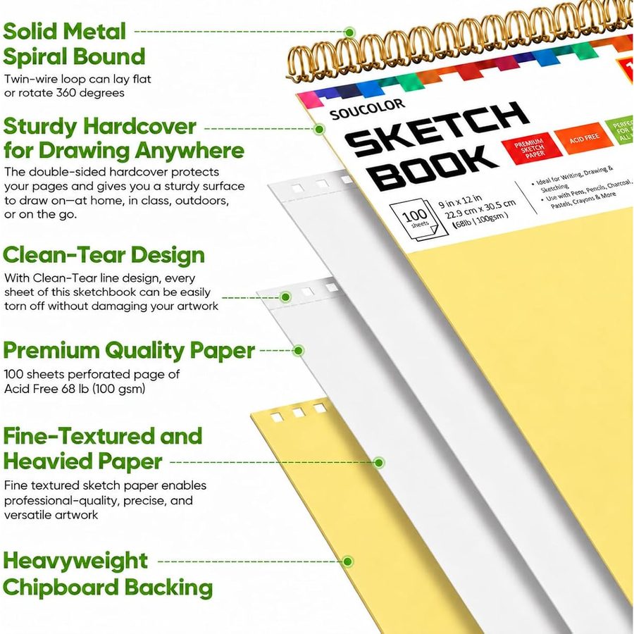 Soucolor 9x12 in Spiral Sketch Book, 100 Sheets, Yellow Cover — view 4