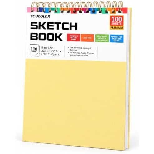 Soucolor 9x12 in Spiral Sketch Book, 100 Sheets, Yellow Cover