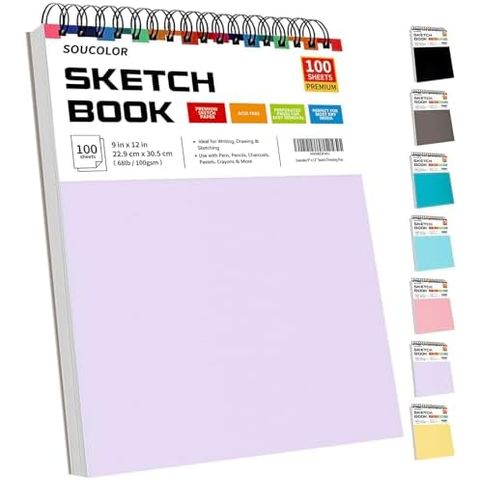 Soucolor 9x12 in Spiral Sketchbook, 100 Sheets, Purple Cover