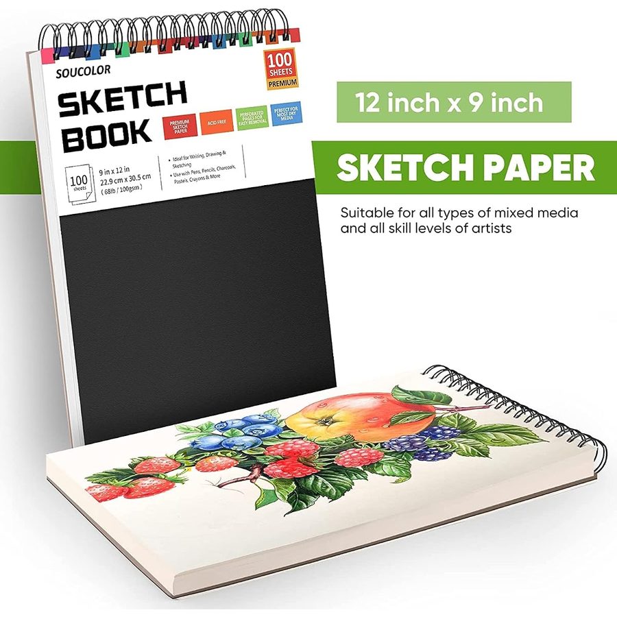 Soucolor 9x12 in Spiral Sketchbook 2-Pack, 200 Sheets, Black — view 5