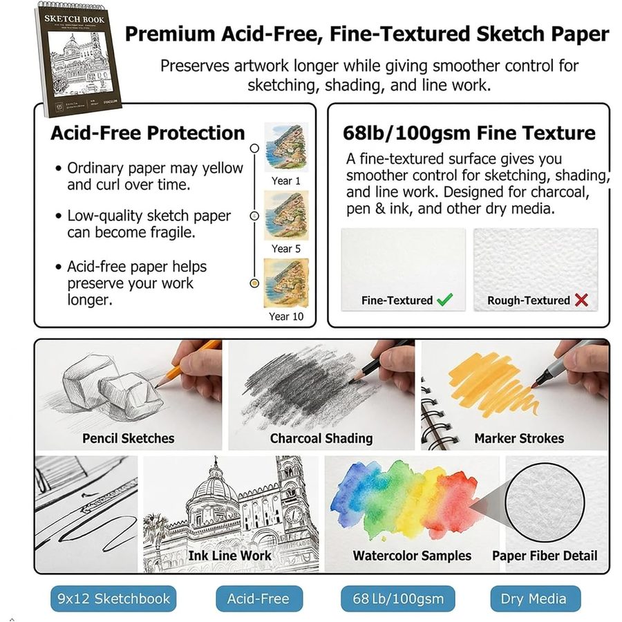 Soucolor 9x12 in Spiral Sketch Book 4-Pack, 400 Sheets, Black — view 3