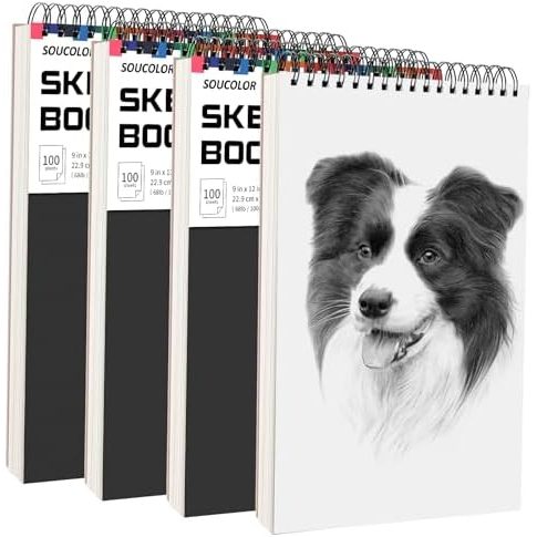 Soucolor 9x12 in Spiral Sketch Book 4-Pack, 400 Sheets, Black