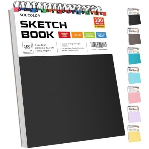 Soucolor 9x12 in Top Spiral Sketch Book, 100 Sheets, Black Cover