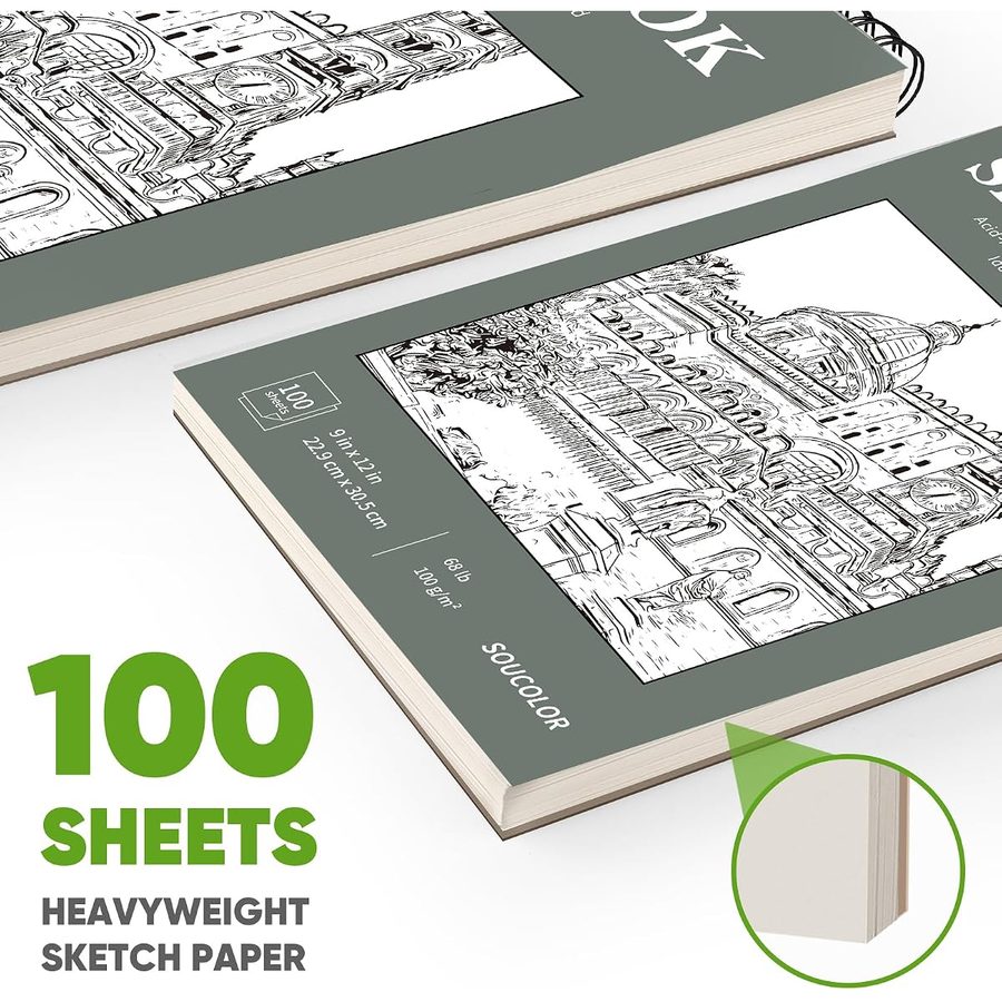 Soucolor 9x12 in Top Spiral Sketch Book, 100 Sheets, Green — view 4